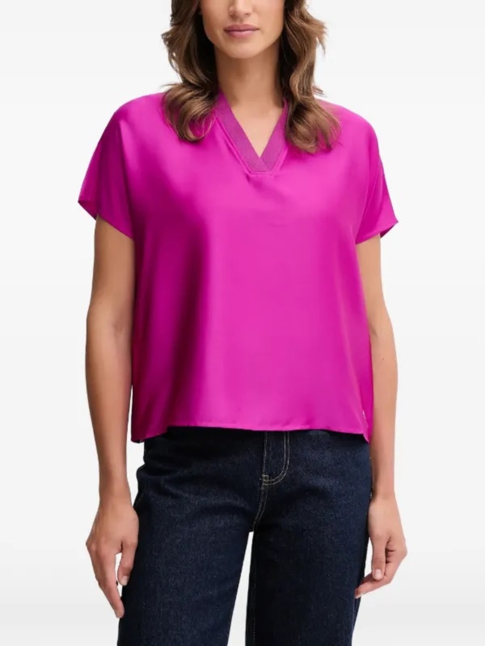 Joseph Ribhoff Cosmos Purple Silky Woven Satin V-Neck Dolman Short Sleeve Top